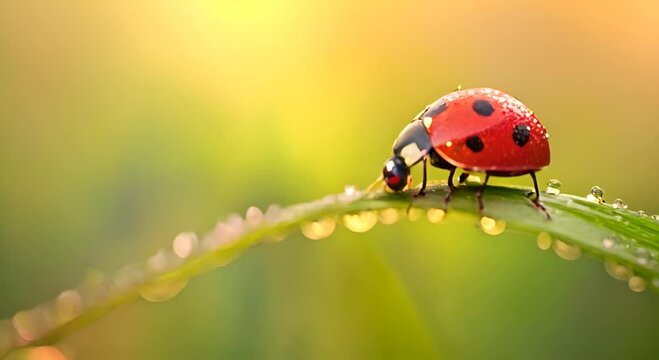 A close-up of a ladybug on a dew-covered leaf, showcasing nature's beauty and detail.