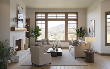 Fototapeta premium Modern living room with beige furniture and a fireplace showcasing a cozy and inviting atmosphere 
