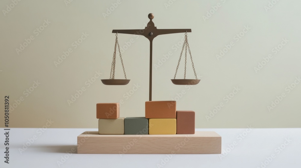 Poster a meaningful depiction of social equity, featuring a set of scales balanced with diverse blocks of v