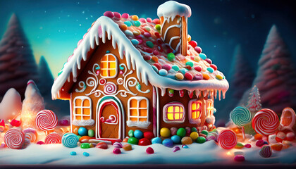 Obraz premium A cute gingerbread house covered in icing, gumdrops, and candy canes, nestled in a festive scene, creating a cozy and delightful holiday atmosphere.