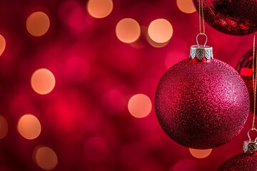 Shiny red Christmas ornaments on a vibrant red background, creating a festive and elegant holiday theme.