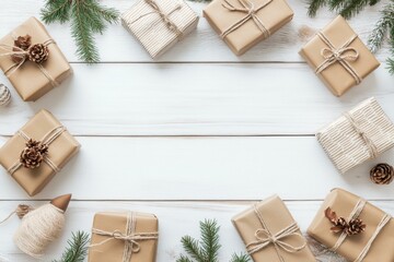 Festive Christmas gifts with green pine branches on a white wooden background.