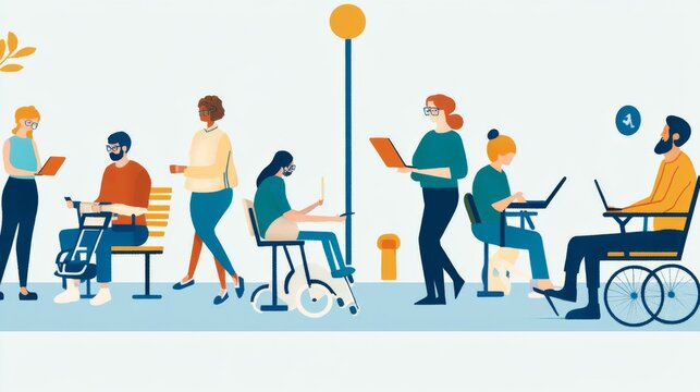A meaningful image of universal accessibility, showing a diverse group of individuals using various adaptive tools and devices in a public space