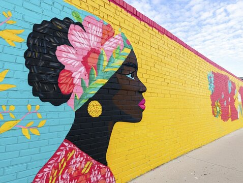 Artists creating murals that reflect decolonization themes, community spirit, bold contrasts, urban background
