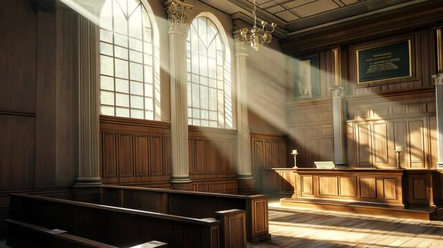 Sunlight streams through tall windows into an old, wooden church