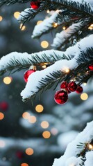 Festive Christmas tree adorned with red ornaments and twinkling lights in a cozy living room setting.