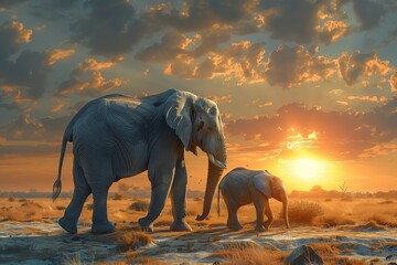 Fototapeta premium A male elephant with his family with sunset background.