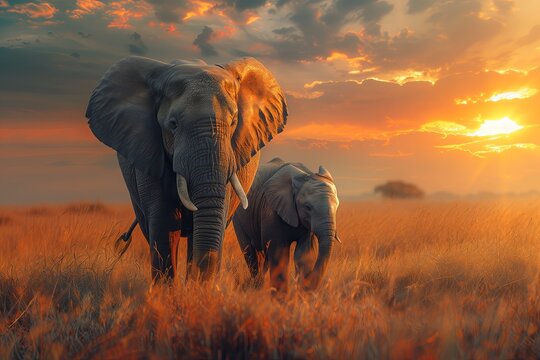 A male elephant with his family with sunset background.