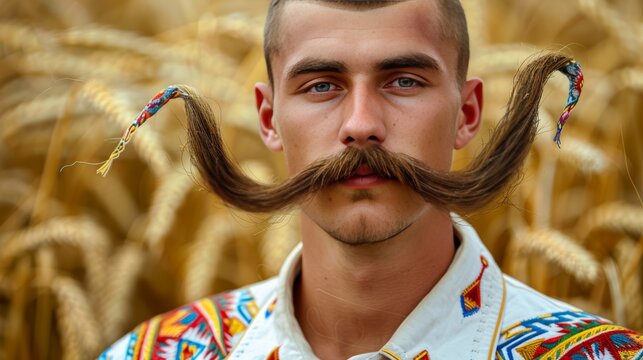 Young Man with Long, Styled Mustache in a Golden Wheat Field. Ukrainian Style, Cossack Portrait.
