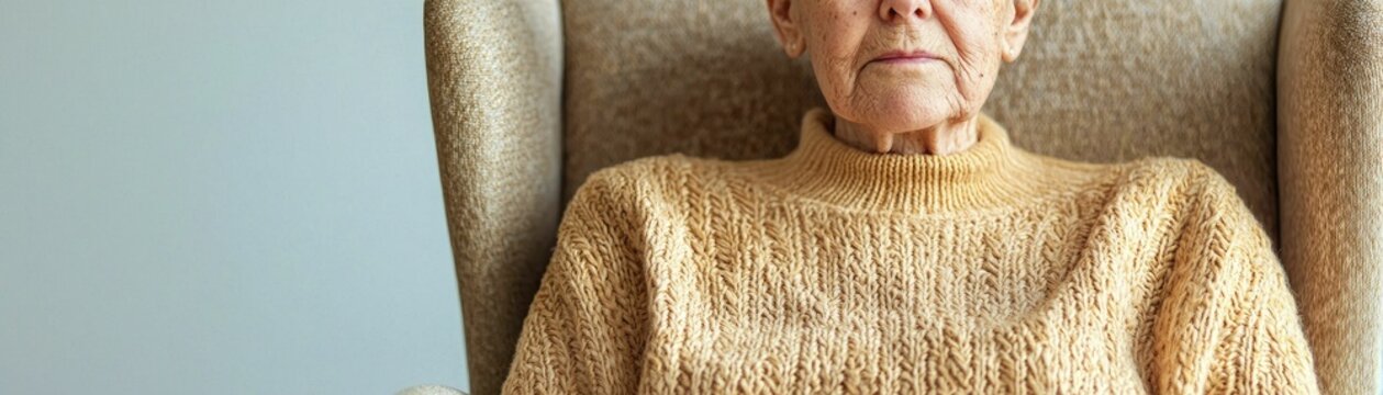 Elderly person sitting quietly in a cozy armchair, reflecting on memories with a distant gaze, nostalgic, warm lighting, rich colors, intimate setting