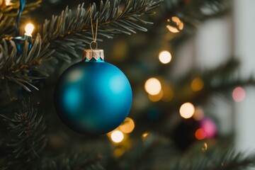 A blue Christmas ornament hanging on a lush green pine tree branch with soft-focus festive lights.