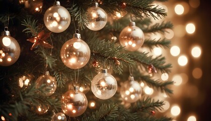 Christmas tree with glass golden baubles. AI generated