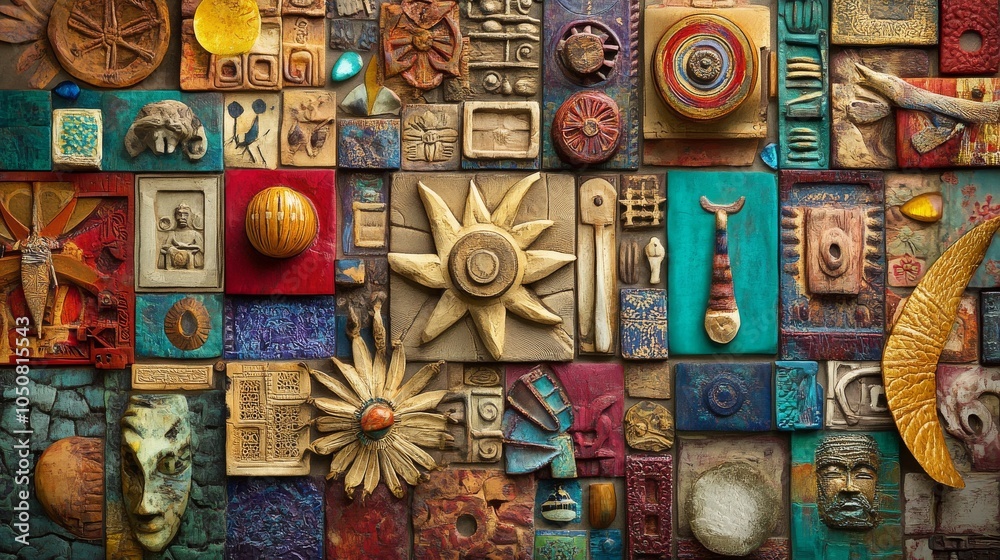 Poster a meaningful scene of cultural fusion, featuring a mosaic of different cultural symbols and artifact