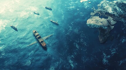Aerial view of ships navigating vast ocean waters, highlighting maritime transport and the surrounding geography.