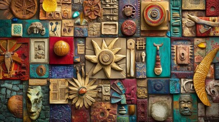 A meaningful scene of cultural fusion, featuring a mosaic of different cultural symbols and artifacts arranged harmoniously on a vibrant background