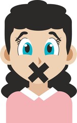 Illustration portrait of a young woman with Japanese anime style graphics and colors in flat design with his mouth sealed by an X. Concept of censorship and oppression of freedom of speech