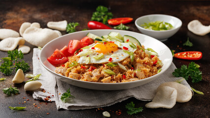 Nasi goreng, fried rice with chicken and egg in Indonesia style. Asian food
