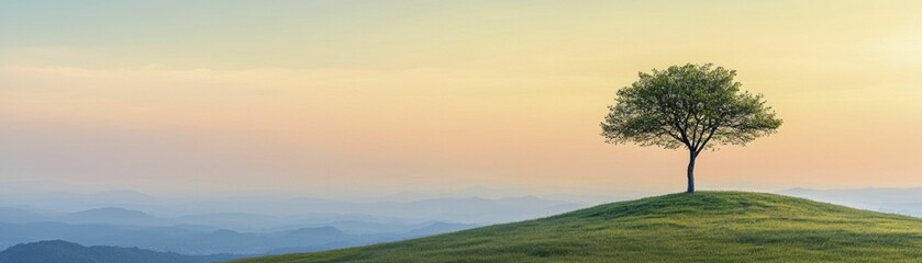 Obraz premium Territorial sovereignty represented by a lone tree on a hilltop, nature theme, serene lighting, expansive view