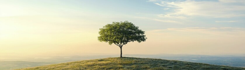 Obraz premium Territorial sovereignty symbolized by a solitary tree atop a hill, nature theme, tranquil lighting, vast landscape.