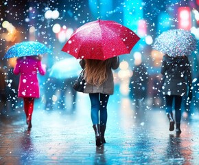 people with colorful umbrellas are walking in a city street on snowy winter evening.
