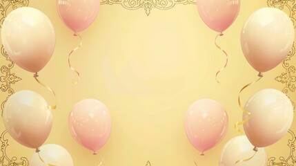 A rich, deep topaz yellow background with golden filigree boundaries and vintage-style balloons in muted pink and cream.