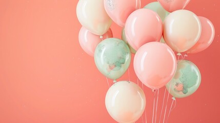 A soft coral background with vintage-style balloons in muted pink and cream, highlighted with mint green flake glitter. Perfect for nostalgic birth announcements.