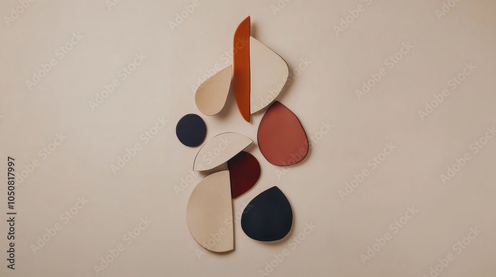 Poster A minimalist arrangement of diverse abstract shapes creating a harmonious pattern on a plain background, Reflecting unity and diversity, photography style