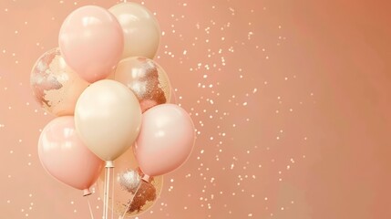 A soft peach background with vintage-style balloons in muted pink and cream, accented with rose gold flake glitter. Ideal for baby girl birth announcement cards.