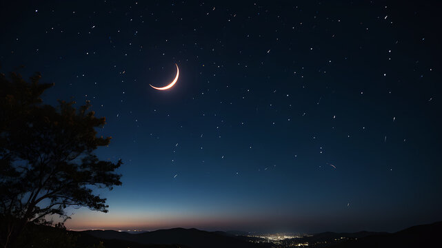 A peaceful night sky filled with sparkling stars and a glowing crescent moon, with faint fireworks in the distance, evoking a sense of hope and wonder for the New Year.