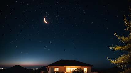 A peaceful night sky filled with sparkling stars and a glowing crescent moon, with faint fireworks in the distance, evoking a sense of hope and wonder for the New Year.