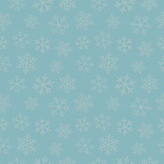 Snowflakes seamless background. Subtle vector pattern with small hand drawn white snowflakes on blue backdrop. Winter holidays theme, New Year texture. Elegant repeat design for decor