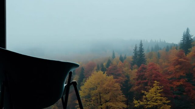 A serene 4K video featuring chair placed large window overlooking autumn garden forest capturing peaceful atmosphere nature foggy ather highdefinition footage room glasses relax peacefulness wind