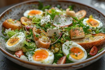 Delicious Green Salad with Eggs, Croutons and Feta Cheese