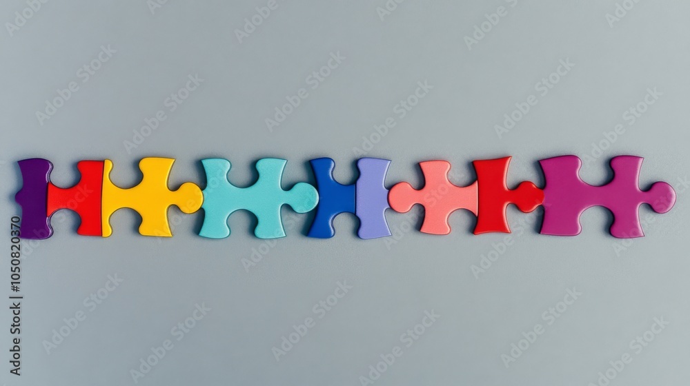 Poster a minimalist representation of colorful puzzle pieces fitting together seamlessly on a neutral backd