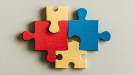Obraz premium A minimalist representation of colorful puzzle pieces fitting together seamlessly on a plain background, Signifying integration and harmony, photography style