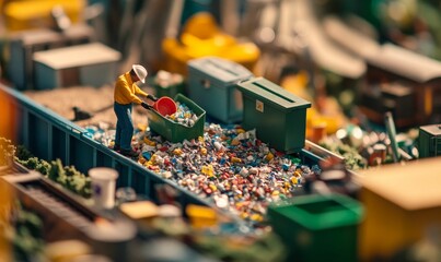 Tiny worker emptying trash in miniature city.