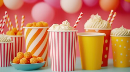 Colorful drink cups with whipped cream, playful straws, and a vibrant background of balloons create a fun, festive atmosphere.