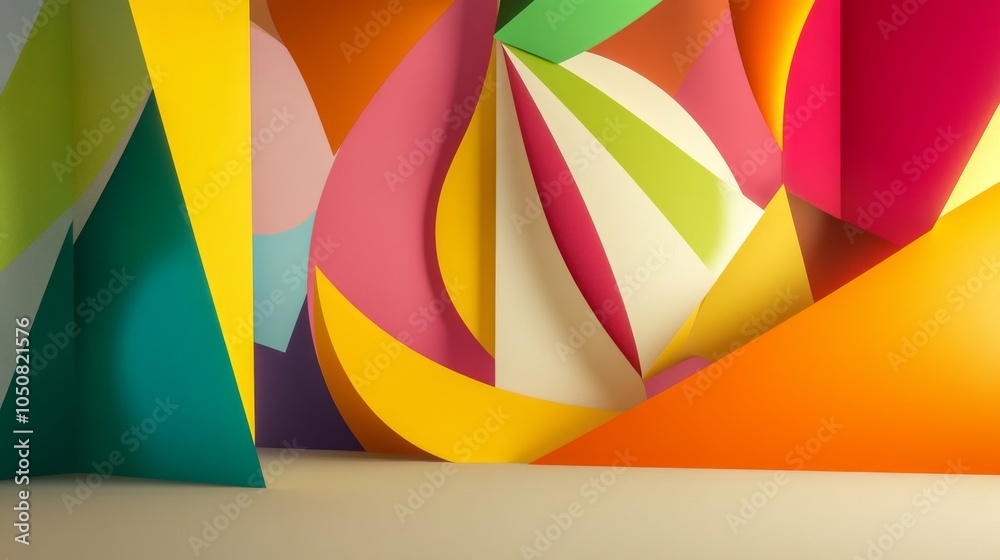 Poster A modern art depiction of diverse abstract shapes converging towards a central point on a plain backdrop, Celebrating convergence and diversity, photography style