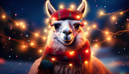 A cute, whimsical llama wearing a holiday scarf, with Christmas lights tangled in its fur, creating a playful and festive holiday scene.