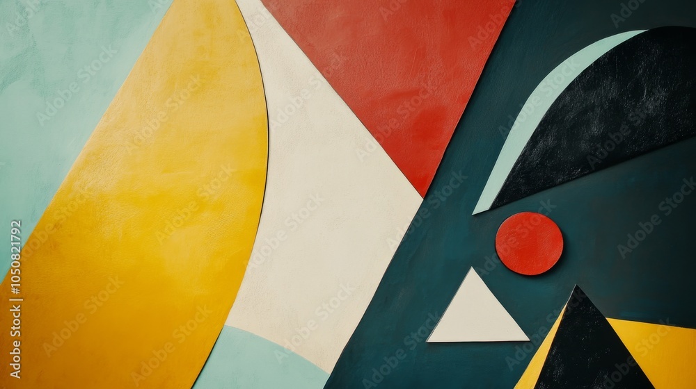 Poster a modern art depiction of diverse abstract shapes converging towards a central point on a plain back