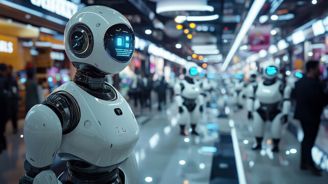 AI managing a futuristic marketplace, with robots selling tech and digital services