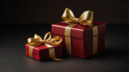 Obraz premium Let the gift-hunting commence: make holiday memories today. Top view shot of elegant gift boxes, holiday decor, cones, sparkles on red background with marketing space