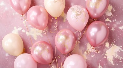 Muted pink and cream vintage balloons on a dusty rose background, highlighted with gold flake glitter. Ideal for baby girl birth announcement cards.