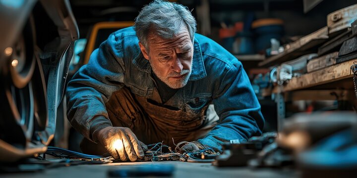  Elderly mechanic working with focus under car, illuminated by soft light, representing dedication, experience, and hands-on craftsmanship in workshop setting.