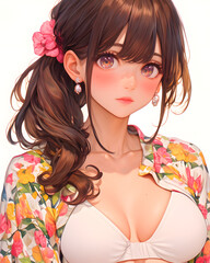 Naklejka premium Anime Girl with Long Brown Hair in Floral Shirt and White Bikini