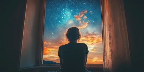  Silhouette of person gazing at colorful starry sky through open window, evoking wonder, introspection, and connection with the universe.