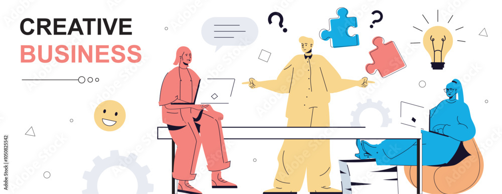 Poster creative business concept in flat cartoon design for web banner. people thinking and finding best so