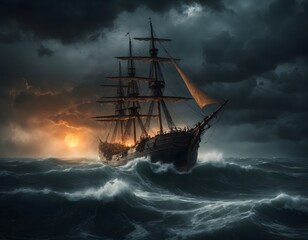 Fototapeta premium stormy rescue of an old sailing vessel on rocky georgia coastline at twilight