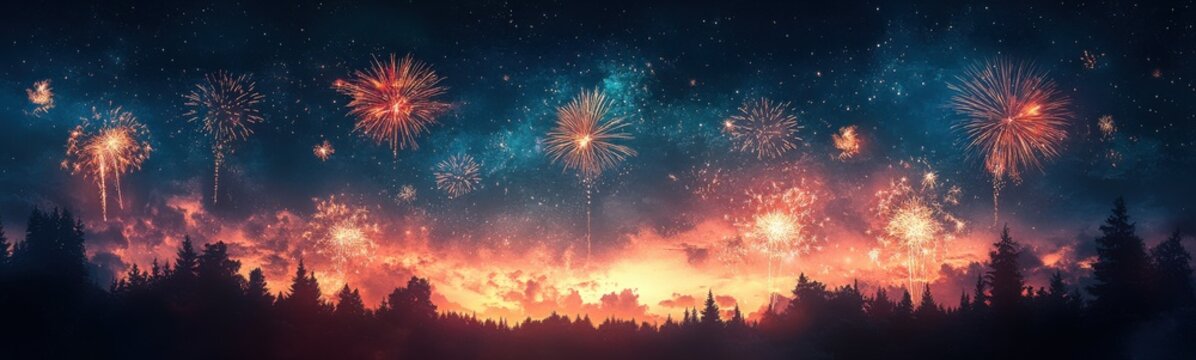 Fireworks are lit up in the sky above a forest