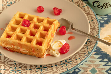 Homemade Belgian Waffle is ready to eat. on dinner plate with berries and nuts. Easy Prepare Pancake, Versatile Breakfast. Shallow focus. the concept is easy to cook. homemade dessert for breakfast